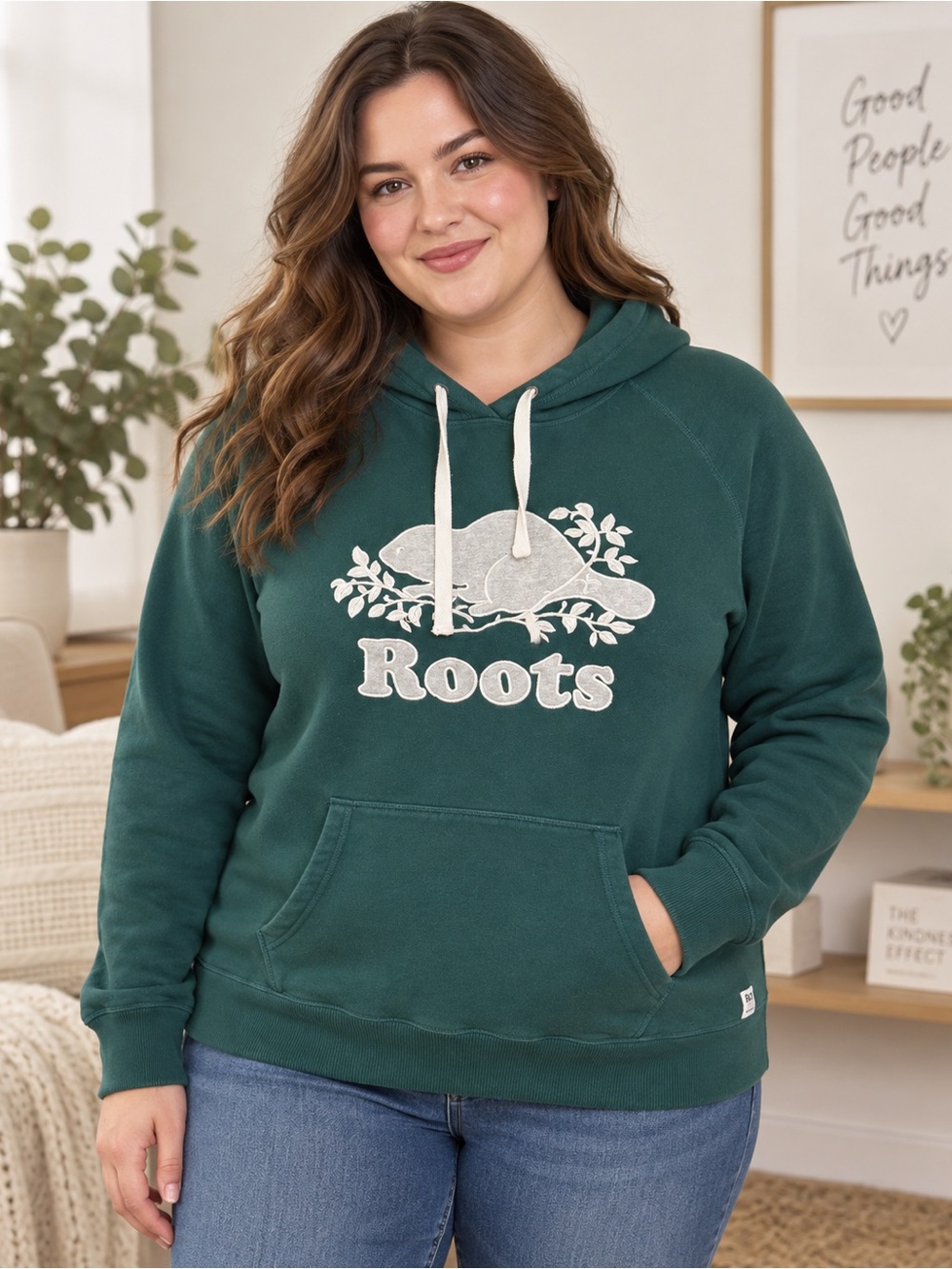 Roots Women's Green Logo Hoodie Sweatshirt